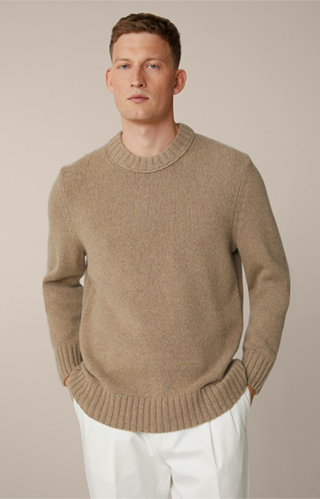 Ecosio Cashmere Knitted Round Neck Pullover in Beige